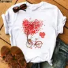 T-shirt da donna con stampa di fiori a cuore rosa T-shirt bianca casual T-shirt da donna a manica corta estiva Kawaii Love Stampa T-shirt femminili abbigliamento X0527