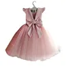 Robes de concours de fille rose en dentelle lister licouen manches courtes arc arc organza robe de bal cupcake en bas âge pour tout-petit filles pour les mariages glitz 403