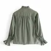 Oversize Women Lace Collar Single Breasted Blouse Spring Fashion Ladies Vintage Loose Female Puff Sleeve Green Shirt 210515