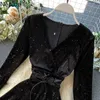 NEPLOE 2021 outono inverno novo elegante retro vector vestido festa alta cintura quadril uma linha vestido manga longa laço preto ropa 47005 y0823