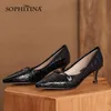 Sophitina Concise Spring Women Shoes Mid-Heel Pattern Pointed Skor Grunt mun Mjuka läderpumpar AO262 210513