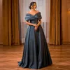 Gray Pleated Prom Dresses Off The Shoulder Neck Empire Waist Evening Gowns A Line Sweep Train Satin Formal Dress