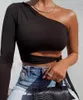Женская футболка сексуальная сплошная одно плечо футболки женщин с длинным рукавом Урожай мода 2021 летние вырезанные шнурки с бедкой уличной одежды
