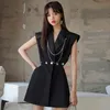 Elegant Black Vest For Women Lapel Sleeveless Hollow Out Patchwork Chain Coats Female Summer Fashion Style 210524