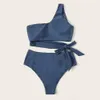 Sexy Biquíni Mulheres Cintura Alto Swimsuit Um Ombro Swimwear Feminino Sólido Conjunto Brasileiro Terno Banheira Verão Praia Vestimento XXL 210521