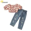 1-6Y Summer Toddler Kid Girl Ropa Conjunto Floral Crop Top + Pantalones de mezclilla Trajes Disfraces Ropa para niños 210515