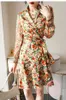 runway designer style floral printed v-neck elegant casual beach mini dress yellow flower asymmetrical dreees with belt 210421