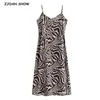 Sexy rückenfreies Sling-Kleid mit Tier-Zebra-Druck, Vintage-Stil, Spaghettiträger, A-Linie, schmal, mittellang, lang, 210429