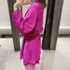 Lady Solid Satin Dress Batwing Long Sleeve Loose Mini O Neck Fashion Female A Line Hollow Out Sundress Robe Femme 210515