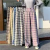 Kvinnor Spring Wide Leg Plaid Byxor Vintage Mode Koreansk stil Lös Harajuku Baggy Black High Waisted Pants Streetwear 210707