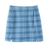 Kvinnor plaid en linje kjol sommar pläterad split casual mini tillbaka dragkedja bodycon kvinnliga höga midja bottnar faldas mujer 210515