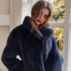 Donsignet mode épissage à manches longues fausse fourrure manteau pour femmes court rue Hipster lapin bleu o-cou veste 211207