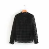 women sexy deep v neck houndstooth pattern casual mesh blouses shirts long sleeve ruffles lace up smock blusas LS4299 210420