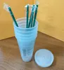 St bu 24oz/710ml Plastic Tumbler Mugs Reusable Clear Drinking Flat Bottom Cup Pillar Shape Lid Straw Bardian 50pcs