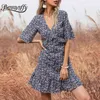 V-neck Cut Out Back Floral Print Mini Dresses Women Summer Short Sleeve Holiday Boho Casual Ladies Ruffle Dress 210510