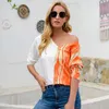 Contrast Color Patchwork V Neck Women T Shirt Casual Loose Long Sleeve Ladies Tops Daily Life Homewear Blouse Femme 210603