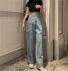 Vintage Wide Leg Woman Jeans High Waisted Blue Casual Long Trousers Korean Streetwear Pockets Denim Pants 25636 210519