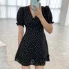 Korejpaa Women Mini Dress Korean Fashion Chic Retro Love Printed Doll Collar Ruffle Slim High Waist Bubble Sleeve Vestido 210526