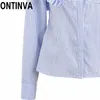 Распродажа женщин синяя полосатая блузка raffled рубашка классный офис с длинным рукавом женские шикарные блузки топы Bluss элегантные 210527