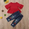 1-6y våren toddler barn tjej kläder uppsättning valentines dag barn outfit ruffles t-shirt blomma jeans denim byxor kostym 210515
