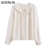 Aprikos Ruffled Blaces för kvinnor Elegant Koreansk Lace Up Bowtie Långärmad Loose Pleated Chiffon Shirt Plus Storlek 210601