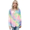 Tie Dye Lange Mouw Sexy T-shirt voor Vrouwen Zomer V-hals Plus Size Mode T-shirt Dames Tops Harajuku Tee Shirt Femme 210608