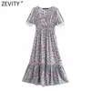 Zevity Kobiety Eleganckie V Neck Floral Print Pleat Ruffles Midi Sukienka Kobieta Koronki Patchwork Elastyczne Vestido Chic Boho Sukienki DS8332 210603