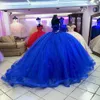 Enkel plusstorlek applikationer bollklänning quinceanera klänningar Royal Blue Lace Sweep Train Blackels Formal Prom Party Gowns Sweet 16 Dress Vestidos de 15 AOS