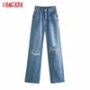 Женщины Tangada моды полость разорванные голубые джинсовые джинсы брюки брюки с высокой талией леди Pantalon 4M02 210922