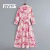 Zevidade Novas Mulheres Vintage Pássaros Flor Cópia Cópia Vestido Escritório Senhora Três Quartos Manga Arco Sashes Vestidos Chic Vestidos DS4152 210325