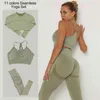 High Waist Seamless Yoga Outfits Workout Sportswear Gym Clothing Fitness Set Long Sleeves Shirt Crop Top Leggings 210802