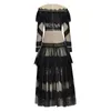 Sexy pure zien door naakt mesh patchwork zwart kant elegante lange maxi jurk ronde hals enkel lengte party casual jurken