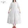 Primavera verão vestidos mulheres meia manga branco vestido longo crochet laço bordado algodão mori menina elegante festa vestido longo 210520