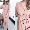 Beavant Elegant Solid Long Dress Women Casual High Midist Office Dresses Autumn Single Breasted Belt Batwing Sleeve Female Dress 210709