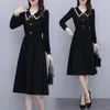 Повседневные платья Осень Hepburn Wind маленькие черные женщины одежда высокая талия обрезка для похудения с длинным рукавом элегантный корейский стиль платья