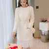 Herbst Winter Weihnachten Frau Kleid Koreanische Gefälschte Zwei Stück Patchwork Mode Lässig Übergroßen Kleider Mit Schärpen Vestidos Robe 210514