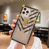 Glitter Diamond Square Przypadki dla iPhone 13 Pro Max 12 Mini Silikonowy Projektant z Pierścieniem Uchwyt Stojak Kwiat Rivet Box Case Pokrywa DreamCatchers