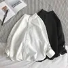 Simple Design Solid Colors Long Sleeve Shirts Korean Fashion Mandarin Collar 100% Cotton White Black Shirt Soft and Comfort 210626