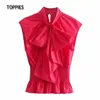 Moda Sem mangas Big Bow Gravata Blusas Vermelho Peplum Elegante Senhoras Tops Slim Ruffles Hem Camisetas 210421