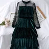 Autumn Women O Neck Long Sleeve Elegant Cake Layered Long Dress High Waist Lace Hollow Out Fairy Dress Vestidos 210521