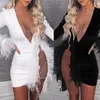 Casual Dresses Sexy See Through Sequin Mesh Patchwork Women Deep V White Feather Mini Party Dress Ladies Nightclub Vestidos