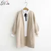 H.SA Women Long Sweater and Cardigans Lantern Sleeve Loose Knitte Coat Open Stitch Winter Cashmere Female 211007