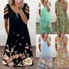 Reißverschluss Blumendruck Kurzarm Dres Sexy Sommer V-Ausschnitt Lässig Elegant Vintage Plus Size Hollow Out Kleider Streewear 210623