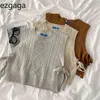 Ezgaga女性のセーターベスト秋の韓国のアーガイルの包帯プルオーバーノースリーブソリッドルーズニットウエストショートストリートウェア210910