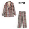 Vintage Plaid Pak Set Womens Blazer and Pants Formal Work Two Piece Single Breasted Jacket 210421
