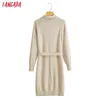 Tangada Fashion Women Beige Elegant Sweater Dress Turtleneck Long Sleeve Ladies Warm Knee Dress with Slash BC133 G1214