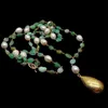 Y·YING Chrysoprase White Rice freshwater Pearl statement Necklace Heart Brushed Gold color Plated Pendant necklace 25"