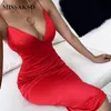 Missakso Sexy Summer Spaghetti Strap Sheath Dress Bodycon Satin V Neck High Waist Club Party Backless Women Midi Dresses 210625