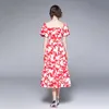 Summer Red Floral Elegant Boho Midi Dresses Women Square Collar Puff Sleeve Vintage Belt Vacation Dresses 210518