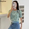 Neploe Sommer Strick T-shirt Elegante Blume Crop Tops Frauen Koreanische Mode Frau Kleidung Kurzarm T-stücke Jacquard Dünne Pullover 210422